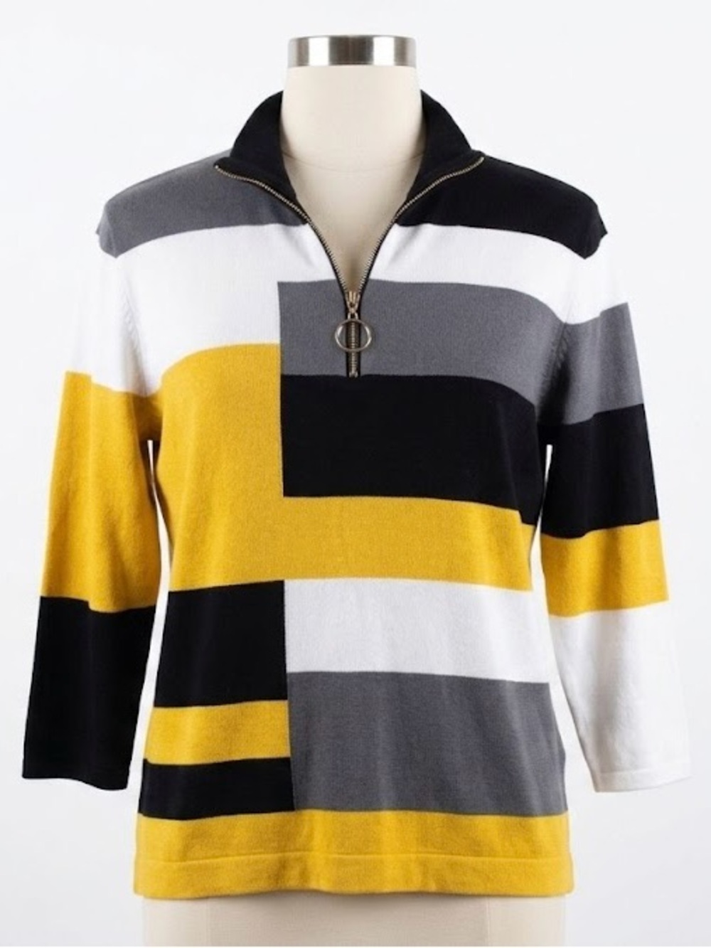 Carol Rose Large Bold Stripe Half Zip Top in Yellow Black Gray Grannycore Cozy